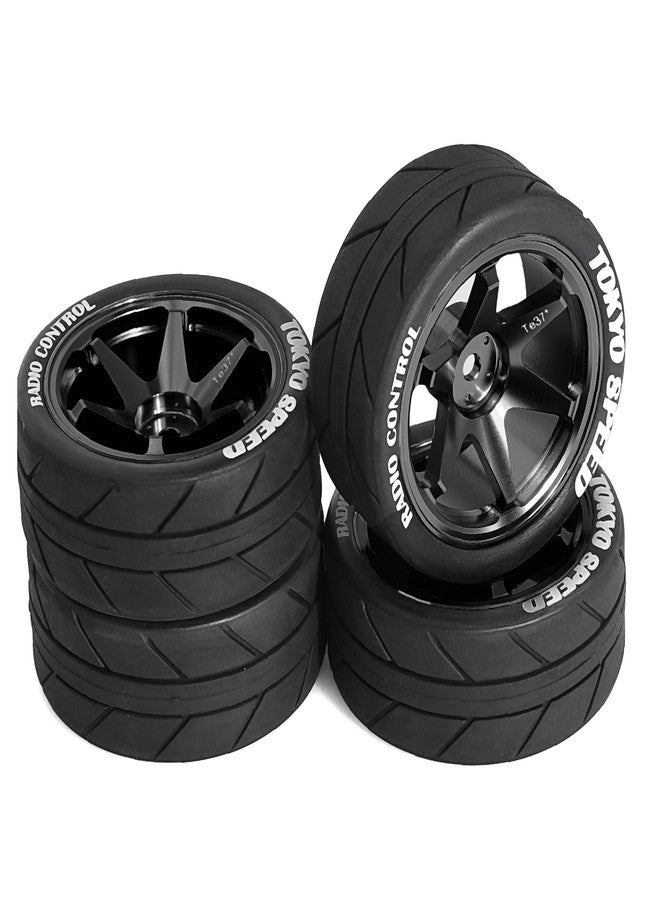 Chanjorlin 1/10 On Road Tires and Aluminum Wheels 12mm Hex RC Rally Racing Tyres OD 2.56" for Tamiya TT01 TT02 XV01 TA06 A959 PTG2 HPI KYOSHO PTG2 Traxxas 1:10 Street Touring Drift Car 4PCS (Black) - Image 1